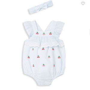 NWT Little Me Baby Girl’s 2-Piece Striped Cherry Bodysuit & Headband Set